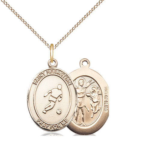 14kt Gold Filled Saint Sebastian Soccer Pendant on a 18 inch Gold Filled Light Curb chain