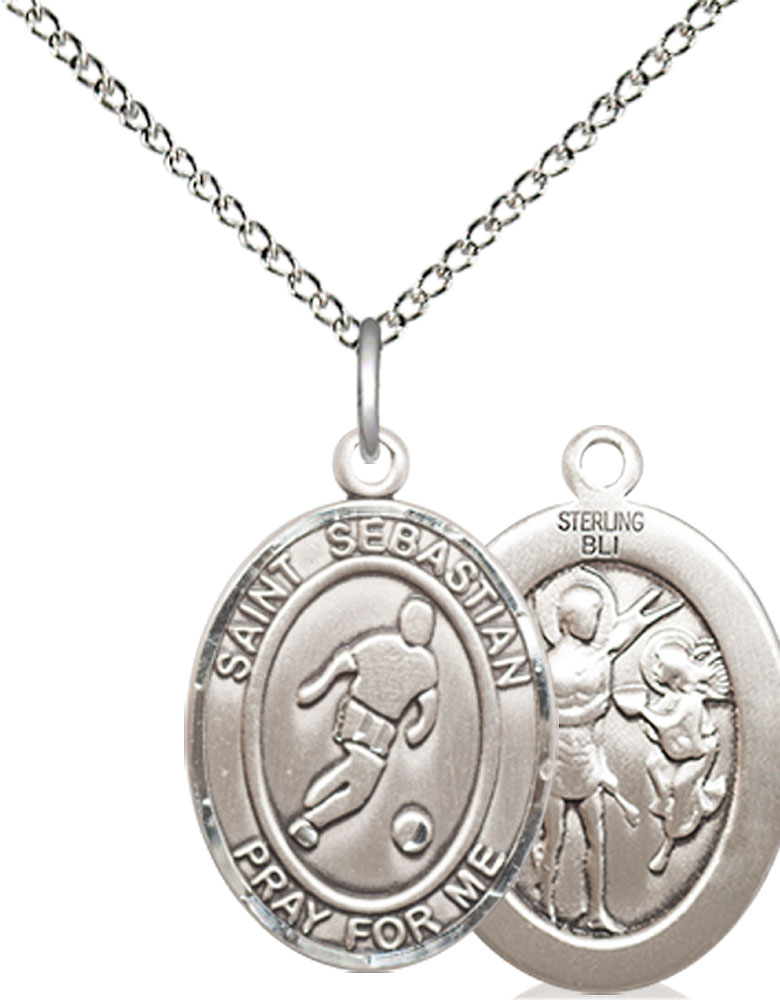 Sterling Silver Saint Sebastian Soccer Pendant on a 18 inch Sterling Silver Light Curb chain