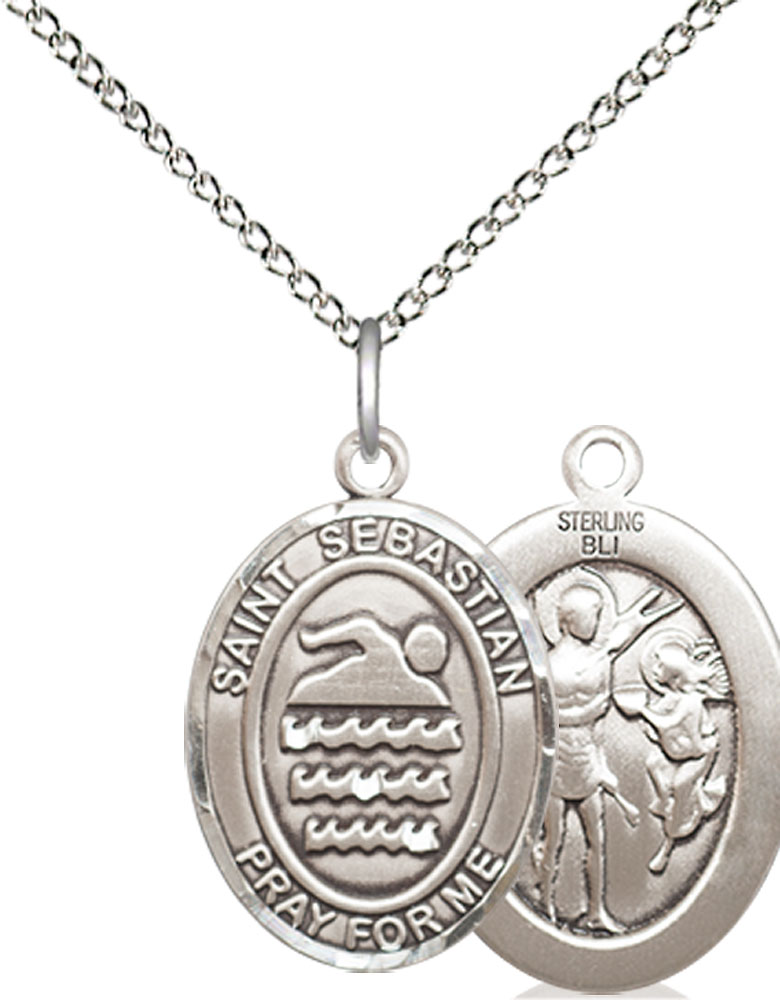 Sterling Silver Saint Sebastian Swimming Pendant on a 18 inch Sterling Silver Light Curb chain
