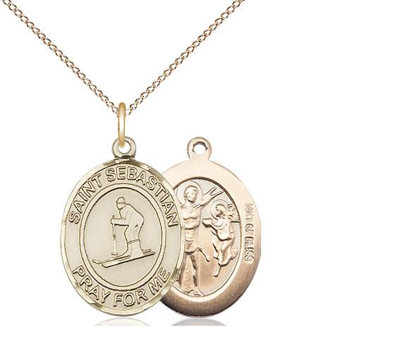 14kt Gold Filled Saint Sebastian Skiing Pendant on a 18 inch Gold Filled Light Curb chain