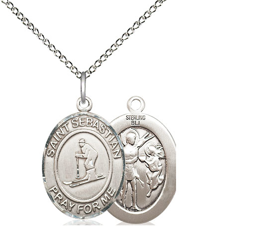 Sterling Silver Saint Sebastian Skiing Pendant on a 18 inch Sterling Silver Light Curb chain