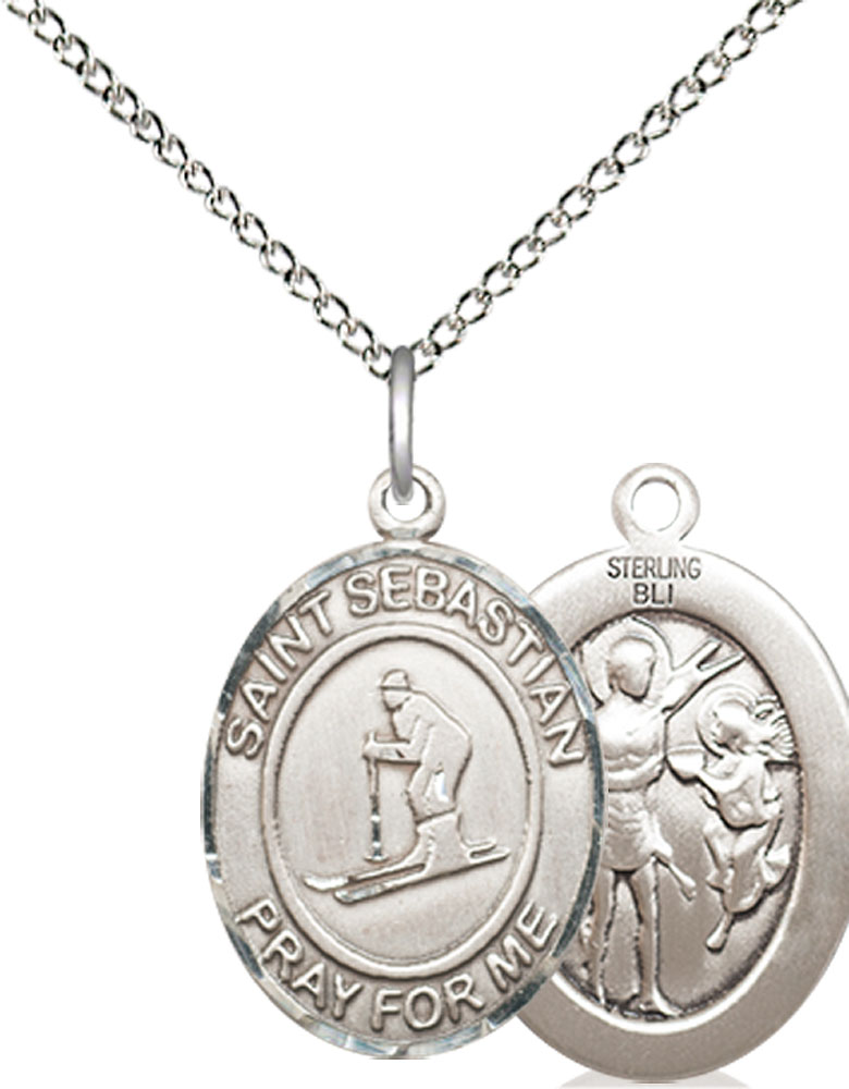Sterling Silver Saint Sebastian Skiing Pendant on a 18 inch Sterling Silver Light Curb chain