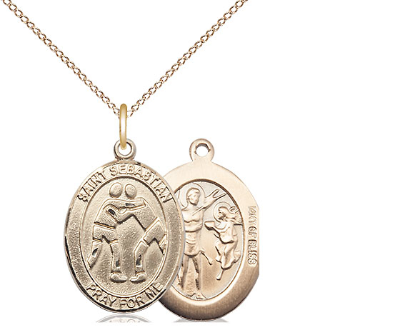 14kt Gold Filled Saint Sebastian Wrestling Pendant on a 18 inch Gold Filled Light Curb chain