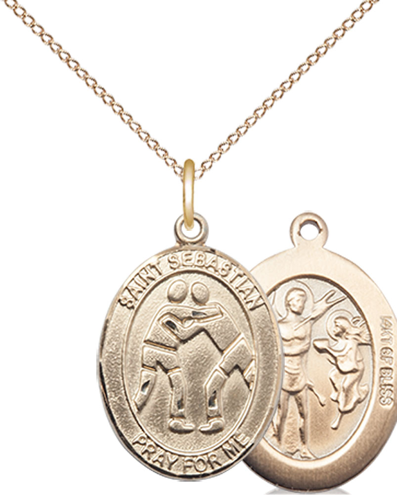 14kt Gold Filled Saint Sebastian Wrestling Pendant on a 18 inch Gold Filled Light Curb chain