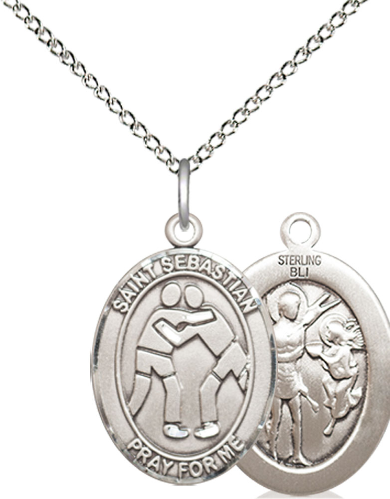 Sterling Silver Saint Sebastian Wrestling Pendant on a 18 inch Sterling Silver Light Curb chain
