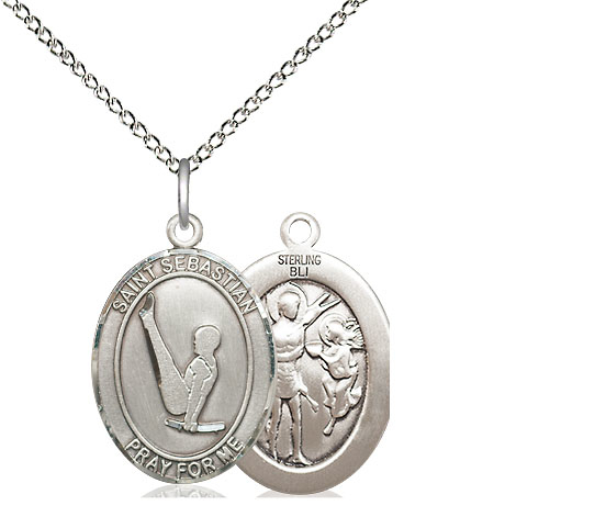 Sterling Silver Saint Sebastian Gymnastics Pendant on a 18 inch Sterling Silver Light Curb chain