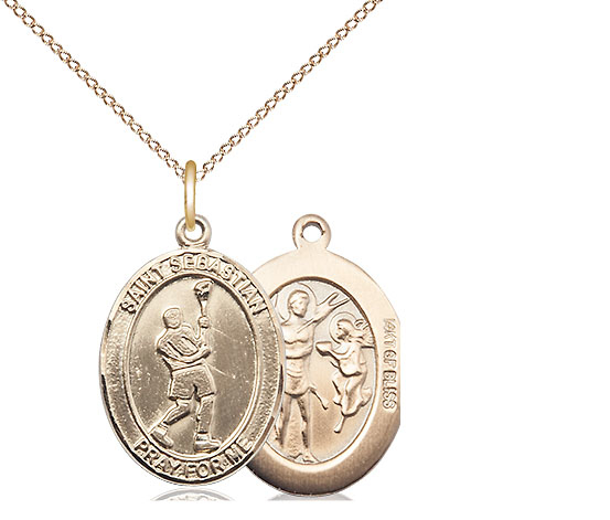 14kt Gold Filled Saint Sebastian Lacrosse Pendant on a 18 inch Gold Filled Light Curb chain