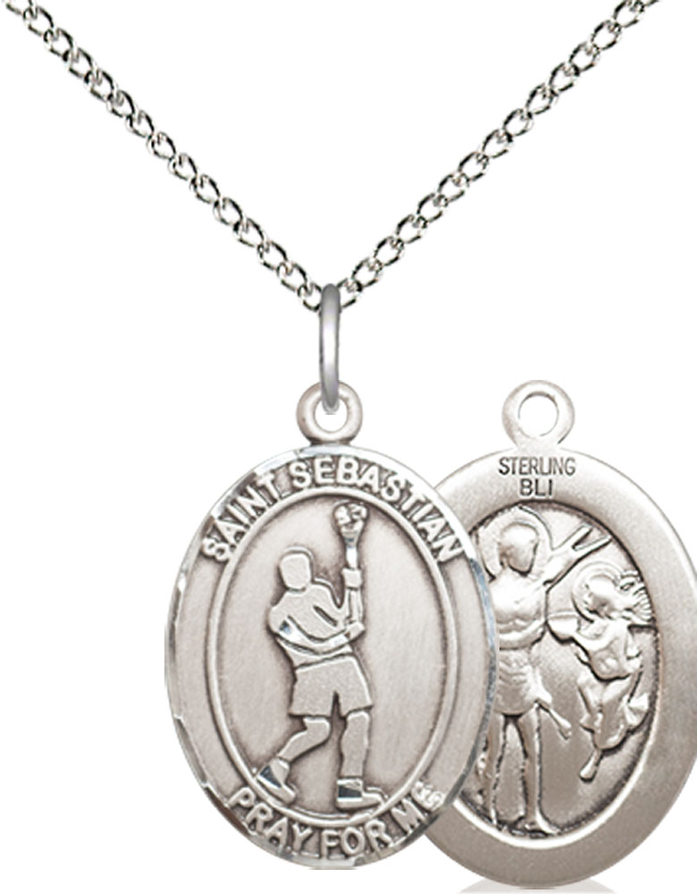 Sterling Silver Saint Sebastian Lacrosse Pendant on a 18 inch Sterling Silver Light Curb chain
