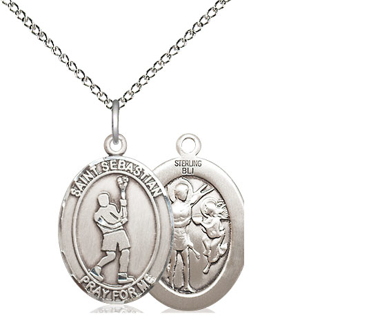 Sterling Silver Saint Sebastian Lacrosse Pendant on a 18 inch Sterling Silver Light Curb chain