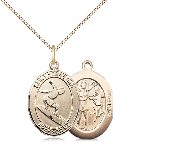 14kt Gold Filled Saint Sebastian Surfing Pendant on a 18 inch Gold Filled Light Curb chain