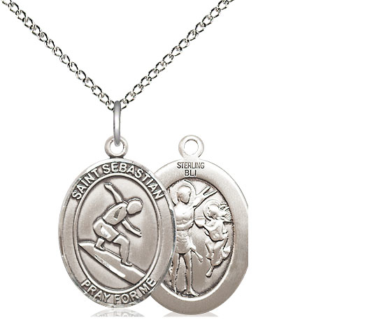 Sterling Silver Saint Sebastian Surfing Pendant on a 18 inch Sterling Silver Light Curb chain