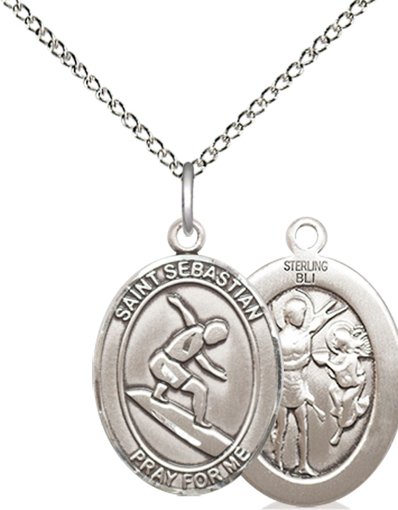 Sterling Silver Saint Sebastian Surfing Pendant on a 18 inch Sterling Silver Light Curb chain