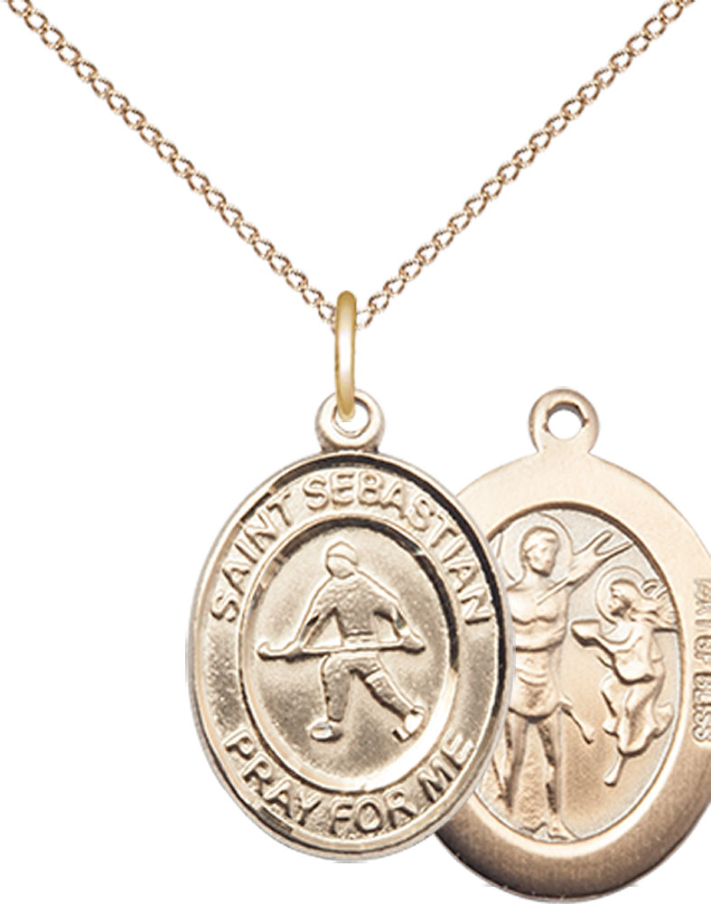 14kt Gold Filled Saint Sebastian Field Hockey Pendant on a 18 inch Gold Filled Light Curb chain