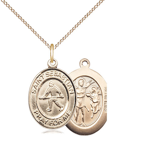 14kt Gold Filled Saint Sebastian Field Hockey Pendant on a 18 inch Gold Filled Light Curb chain