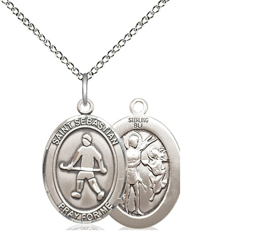 Sterling Silver Saint Sebastian Field Hockey Pendant on a 18 inch Sterling Silver Light Curb chain