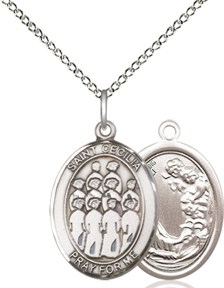 Sterling Silver Saint Cecilia Choir Pendant on a 18 inch Sterling Silver Light Curb chain