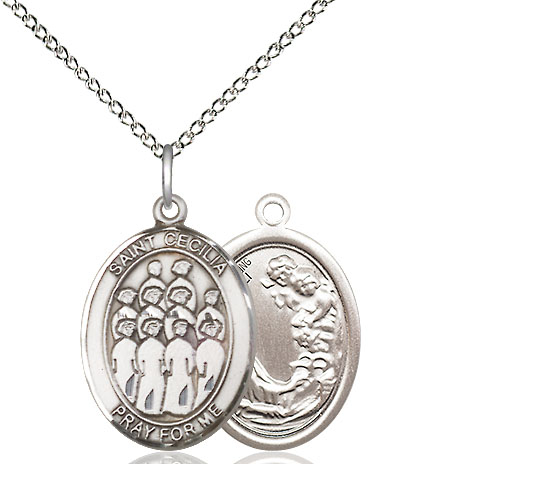 Sterling Silver Saint Cecilia Choir Pendant on a 18 inch Sterling Silver Light Curb chain