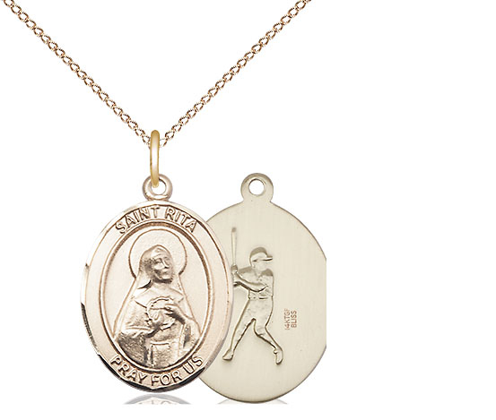 14kt Gold Filled Saint Rita Baseball Pendant on a 18 inch Gold Filled Light Curb chain