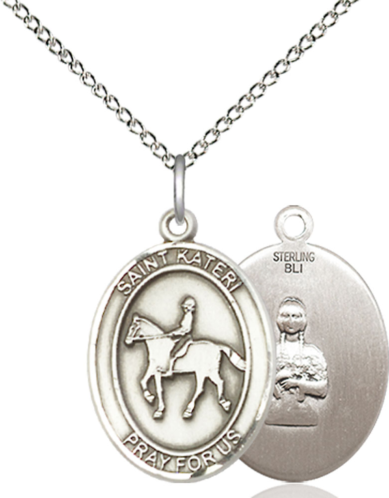 Sterling Silver Saint Kateri Equestrian Pendant on a 18 inch Sterling Silver Light Curb chain