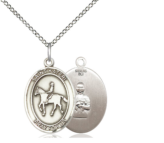 Sterling Silver Saint Kateri Equestrian Pendant on a 18 inch Sterling Silver Light Curb chain