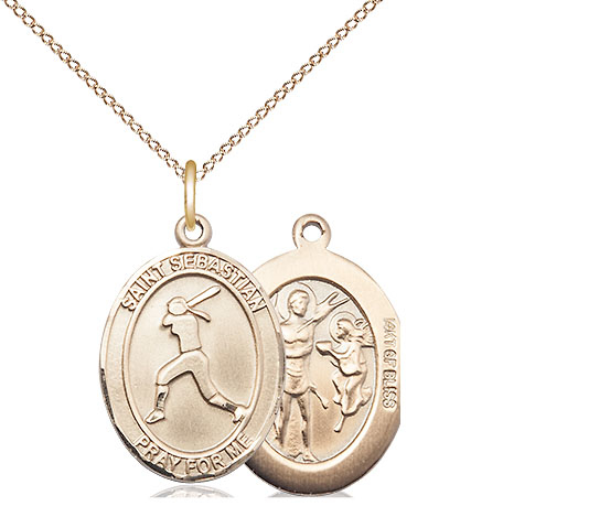 14kt Gold Filled Saint Sebastian  Softball Pendant on a 18 inch Gold Filled Light Curb chain