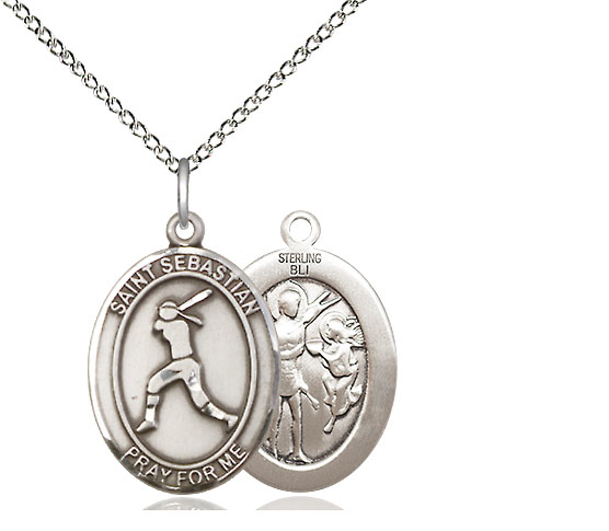 Sterling Silver Saint Sebastian  Softball Pendant on a 18 inch Sterling Silver Light Curb chain