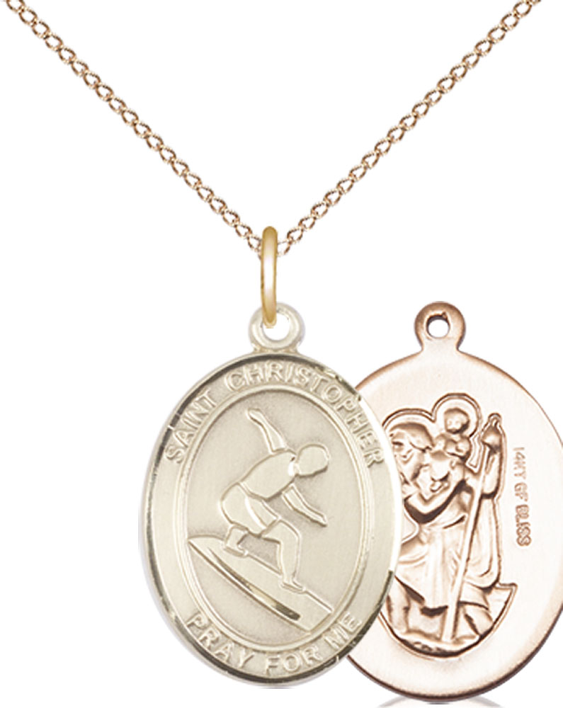 14kt Gold Filled Saint Christopher Surfing Pendant on a 18 inch Gold Filled Light Curb chain