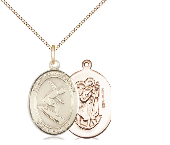 14kt Gold Filled Saint Christopher Surfing Pendant on a 18 inch Gold Filled Light Curb chain