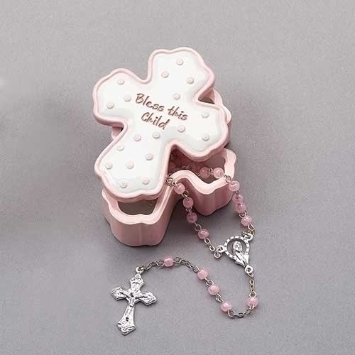 .75"H Bless this Child Pink Box W/Rosary
