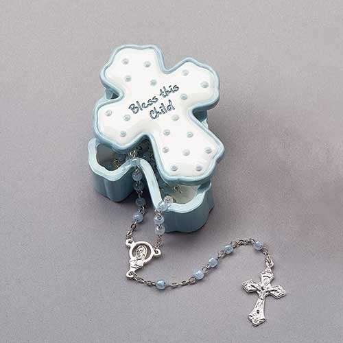 .75"H Bless this Child Blue Box W/Rosary