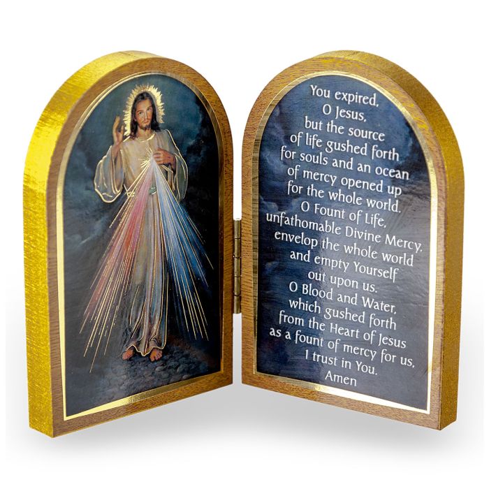 3.5" X 4.75" Gold Stamped Wood Diptych Divine Mercy