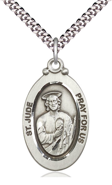 Sterling Silver Saint Jude Pendant on a 24 inch Light Rhodium Heavy Curb chain