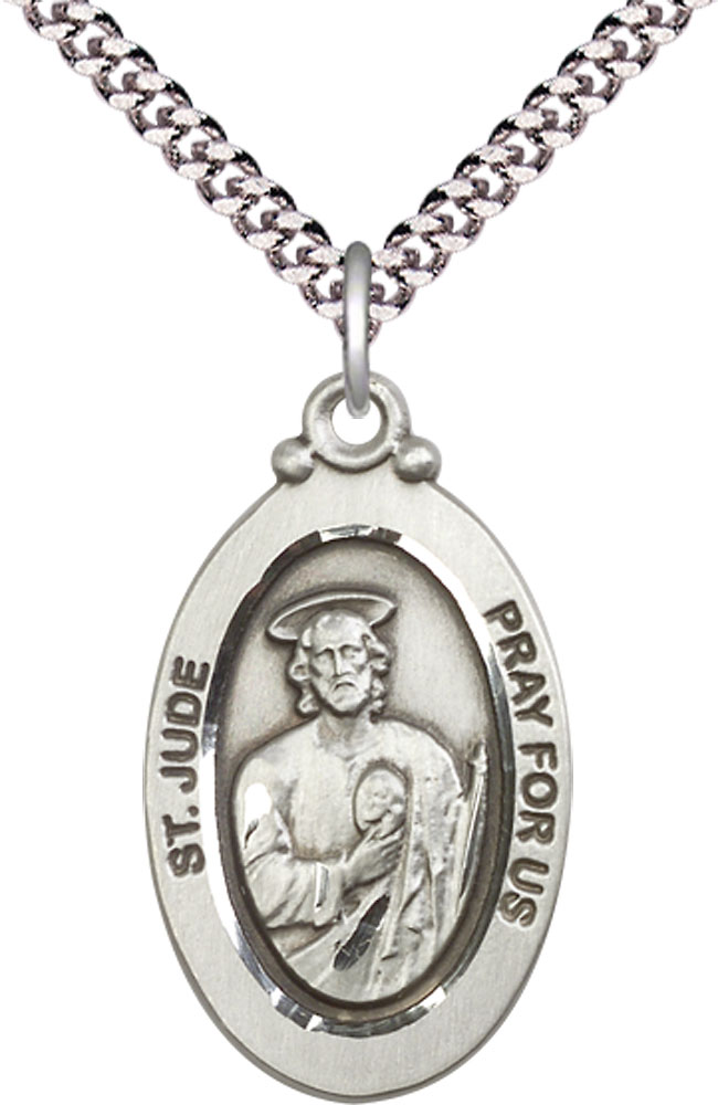 Sterling Silver Saint Jude Pendant on a 24 inch Light Rhodium Heavy Curb chain
