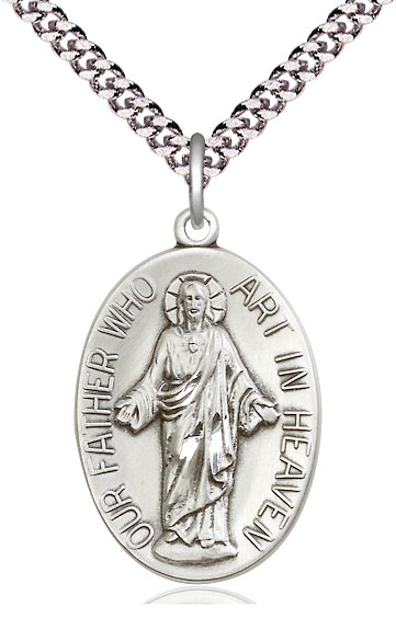 Sterling Silver Our Father Pendant on a 24 inch Light Rhodium Heavy Curb chain