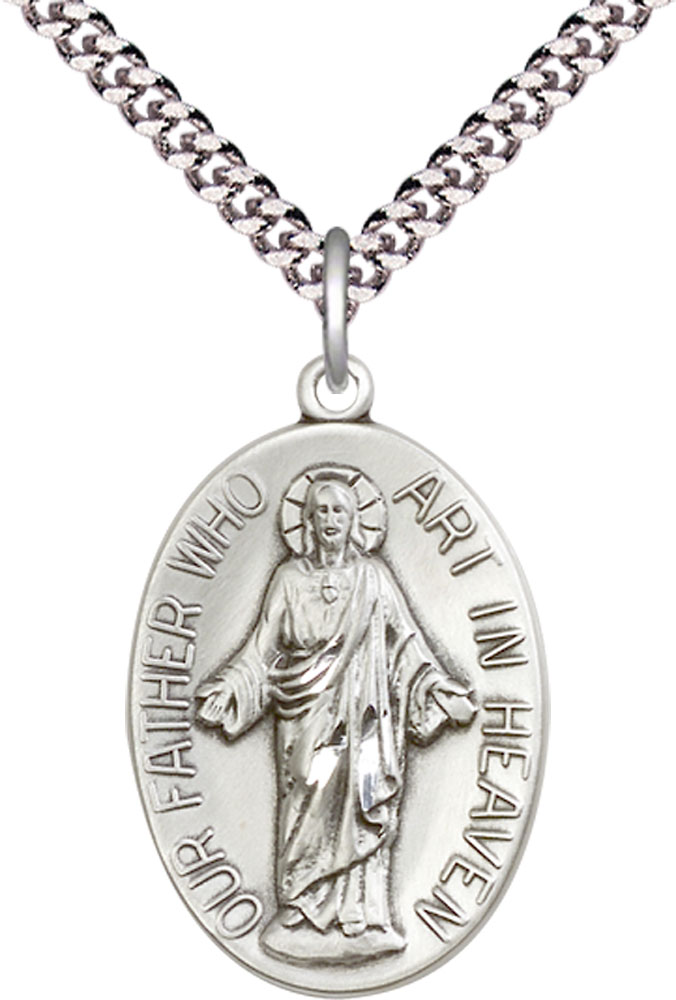 Sterling Silver Our Father Pendant on a 24 inch Light Rhodium Heavy Curb chain