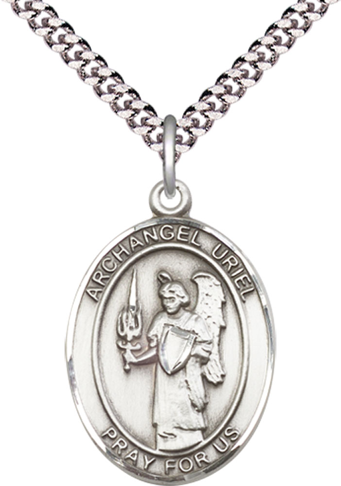 Sterling Silver Saint Uriel the Archangel Pendant on a 24 inch Light Rhodium Heavy Curb chain