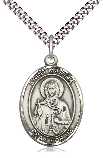 Sterling Silver Saint Marina Pendant on a 24 inch Light Rhodium Heavy Curb chain