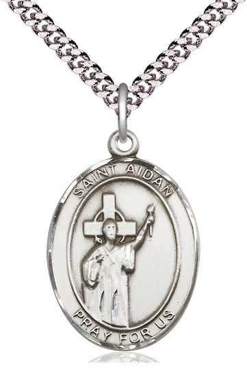 Sterling Silver Saint Aidan of Lindesfarne Pendant on a 24 inch Light Rhodium Heavy Curb chain