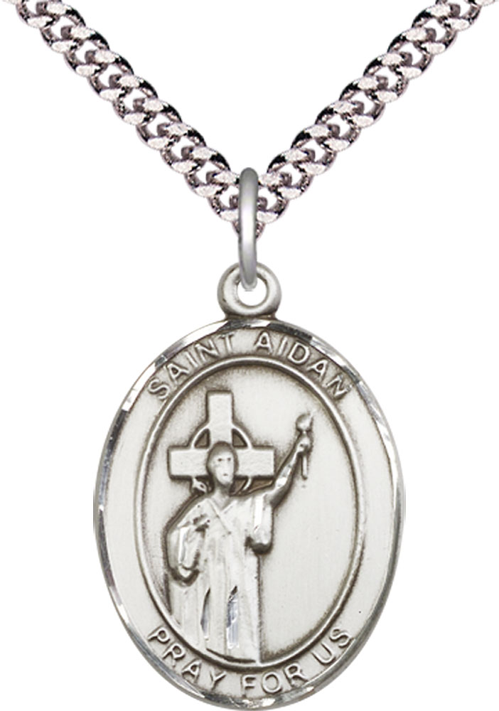 Sterling Silver Saint Aidan of Lindesfarne Pendant on a 24 inch Light Rhodium Heavy Curb chain