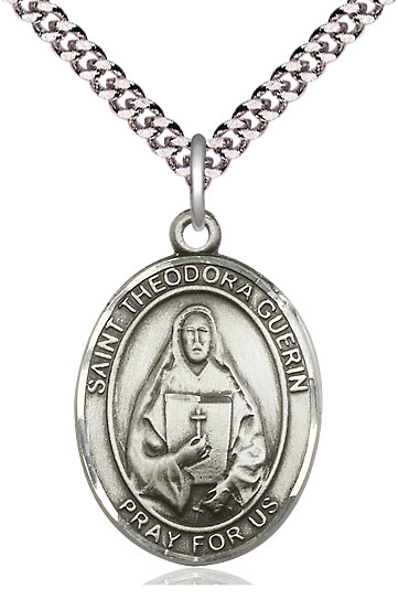 Sterling Silver Saint Theodora Pendant on a 24 inch Light Rhodium Heavy Curb chain