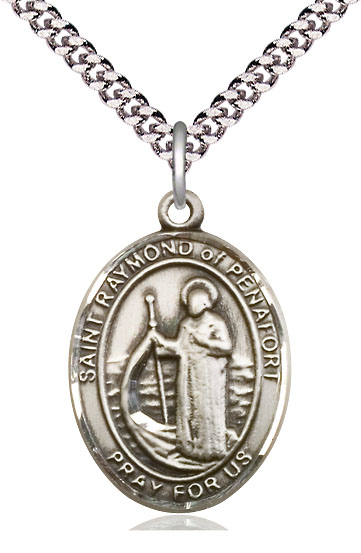 Sterling Silver Saint Raymond of Penafort Pendant on a 24 inch Light Rhodium Heavy Curb chain