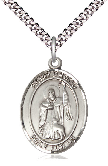 Sterling Silver Saint Drogo Pendant on a 24 inch Light Rhodium Heavy Curb chain