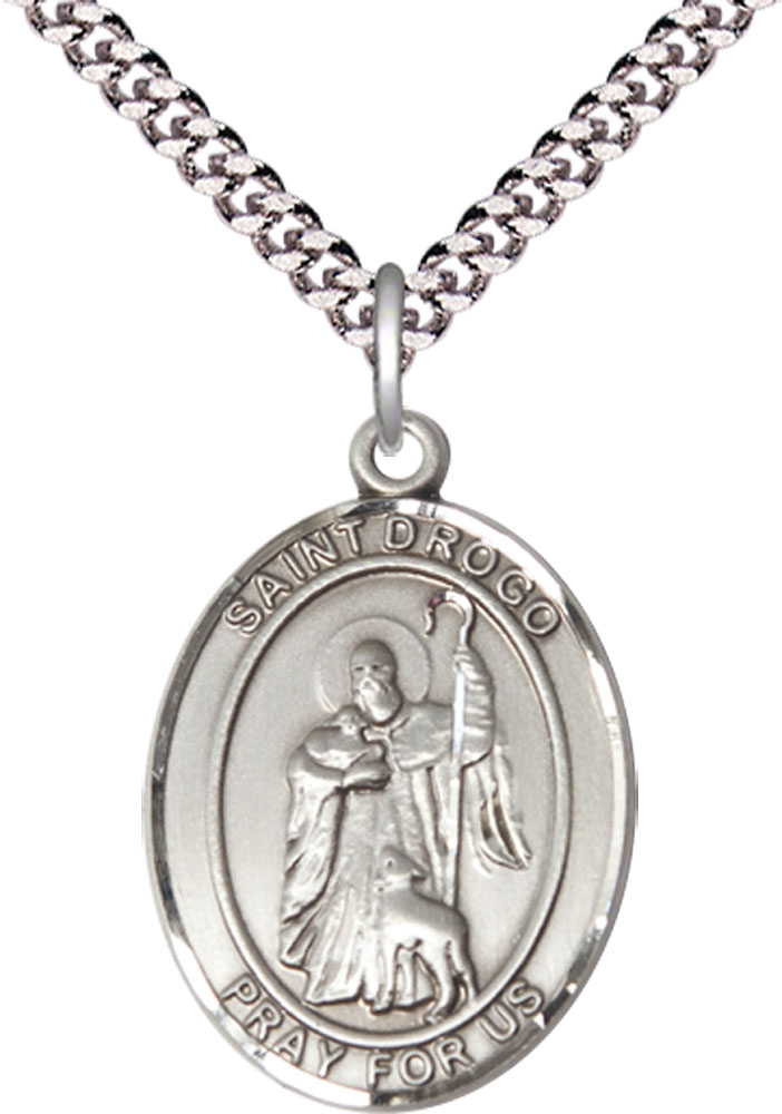 Sterling Silver Saint Drogo Pendant on a 24 inch Light Rhodium Heavy Curb chain
