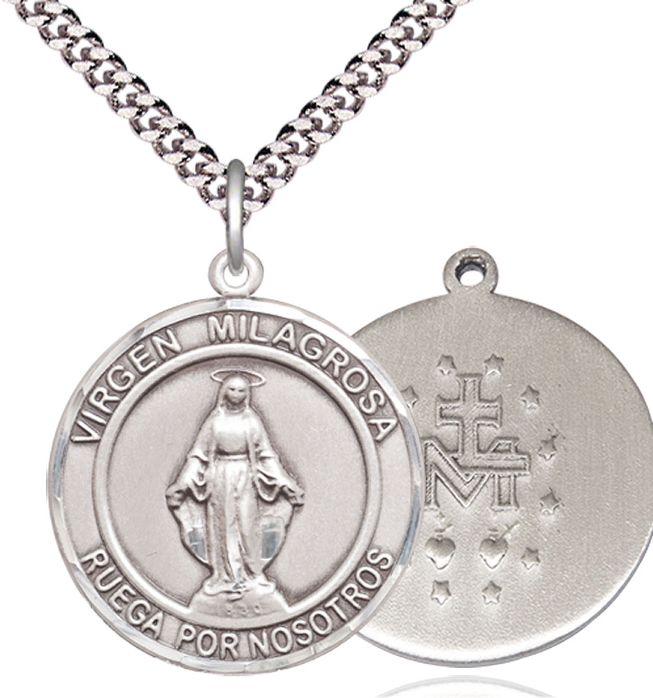 Sterling Silver Virgen Milagrosa Pendant on a 24 inch Light Rhodium Heavy Curb chain