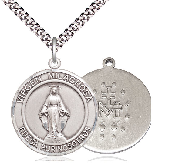 Sterling Silver Virgen Milagrosa Pendant on a 24 inch Light Rhodium Heavy Curb chain