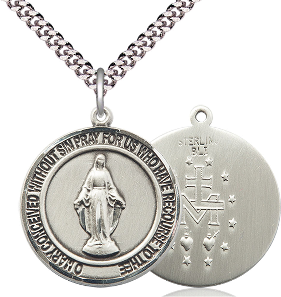 Sterling Silver Miraculous Pendant on a 24 inch Light Rhodium Heavy Curb chain