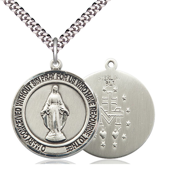 Sterling Silver Miraculous Pendant on a 24 inch Light Rhodium Heavy Curb chain