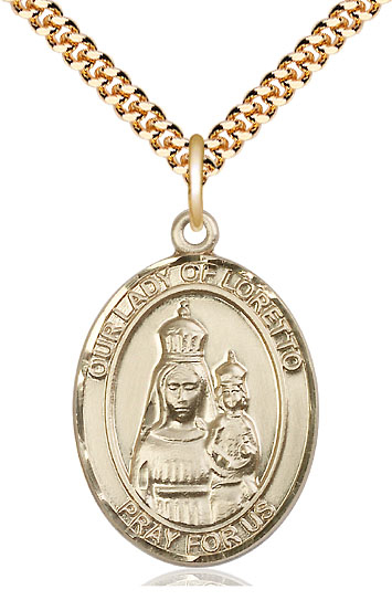 14kt Gold Filled Our Lady of Loretto Pendant on a 24 inch Gold Plate Heavy Curb chain