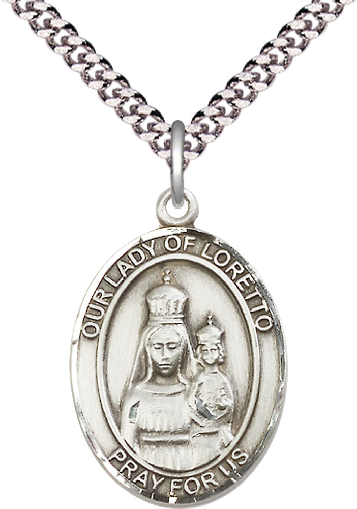 Sterling Silver Our Lady of Loretto Pendant on a 24 inch Light Rhodium Heavy Curb chain