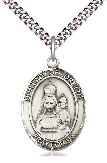 Sterling Silver Our Lady of Loretto Pendant on a 24 inch Light Rhodium Heavy Curb chain